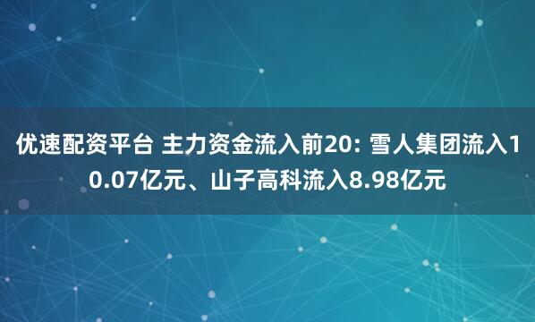 优速配资平台 主力资金流入前20: 雪人集团流入10.07亿元、山子高科流入8.98亿元